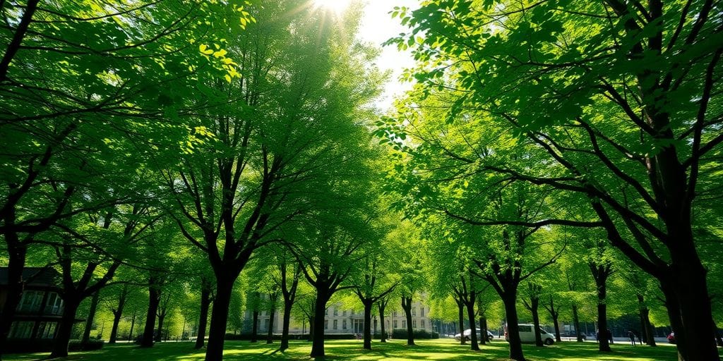 Gröna träd i Uppsala med solstrålar genom löven.